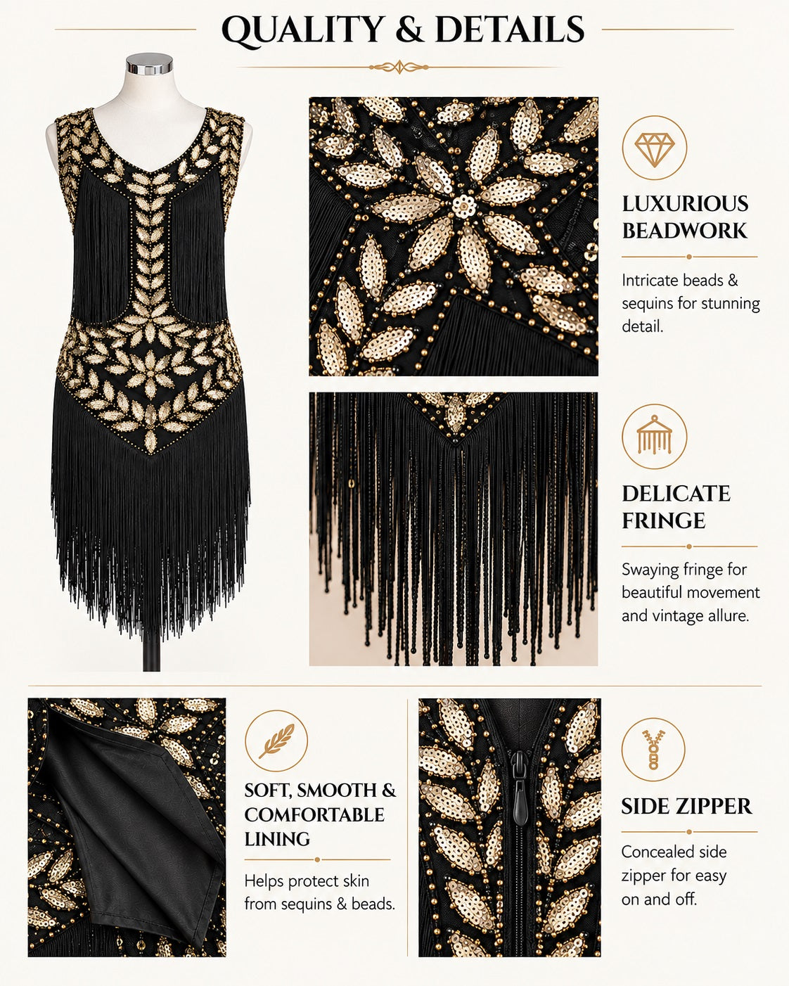 Black sleeveless beaded dress with gold beadwork and long fringe, shown on a mannequin with feature callout panels explaining the luxurious beadwork, delicate fringe, soft lining, and side zipper.