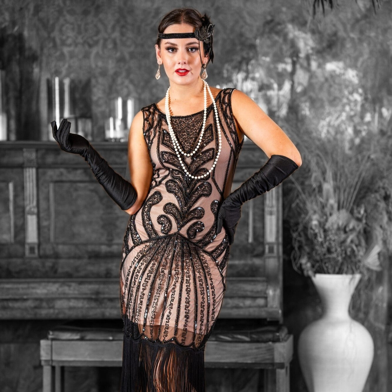 1920's Allegra Flapper Dress in Beige