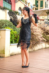 A 1920s Flapper Dress in Black with Scoop neckline, sequins, beads and fringes