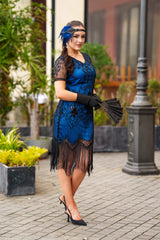 A Stunning Blue 1920s Flapper Dress with Sleeves, Black Sequins, Black Beads and Fringes.
