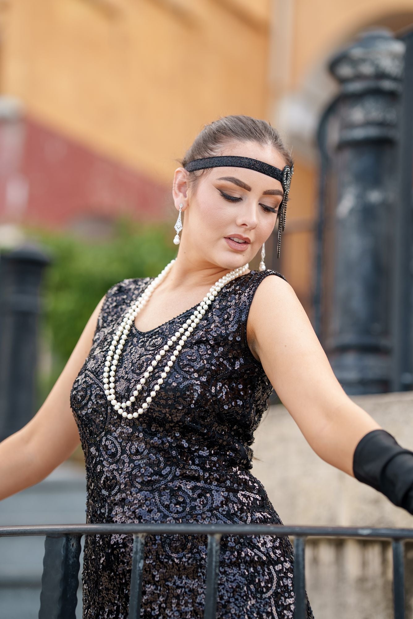 Close-up of beaded detail on 1920s Black Charlize Gatsby Dress – vintage sequins and Art Deco embellishments