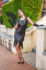 1920s Black Charlize Gatsby Dress with sequins, beads, and fringe – perfect for Great Gatsby or Roaring 20s parties