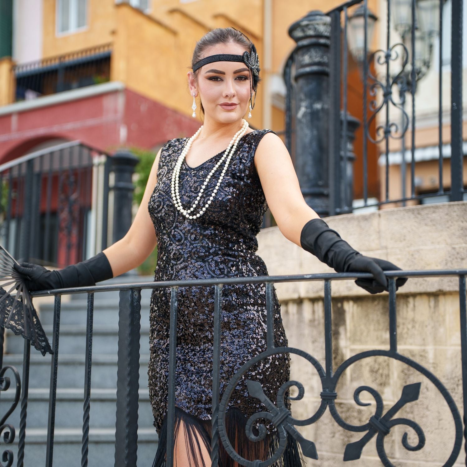 1920s Black Charlize Gatsby Dress with sequins, beads, and fringe – perfect for Great Gatsby or Roaring 20s parties