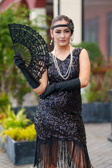 Close-up of beaded detail on 1920s Black Charlize Gatsby Dress – vintage sequins and Art Deco embellishments