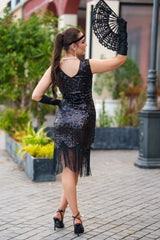 Back of 1920s Black Charlize Dress – elegant beaded flapper style with fringe for Gatsby themed events