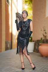 1920s Black Cleo Flapper Dress with sequins, beads, and fringe – perfect for Gatsby or Roaring 20s parties