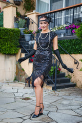 1920s Black Cleo Flapper Dress with sequins, beads, and fringe – perfect for Gatsby or Roaring 20s parties