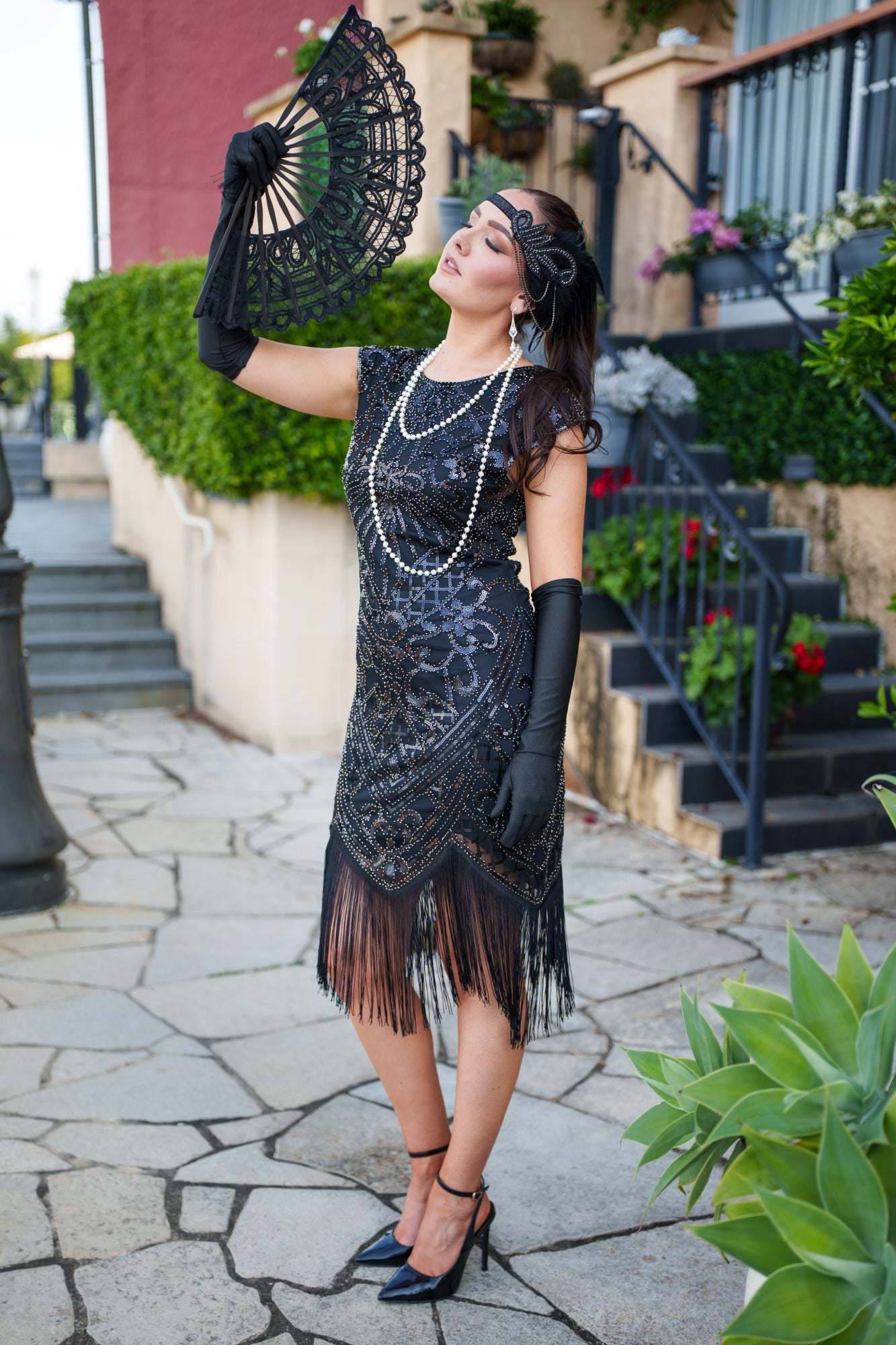 1920s Black Cleo Flapper Dress with sequins, beads, and fringe – perfect for Gatsby or Roaring 20s parties