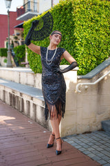 1920s Black Cleo Flapper Dress with sequins, beads, and fringe – perfect for Gatsby or Roaring 20s parties