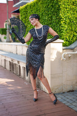 1920s Black Cleo Flapper Dress with sequins, beads, and fringe – perfect for Gatsby or Roaring 20s parties
