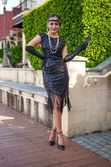 1920s Black Cleo Flapper Dress with sequins, beads, and fringe – perfect for Gatsby or Roaring 20s parties