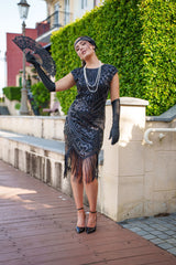 1920s Black Cleo Flapper Dress with sequins, beads, and fringe – perfect for Gatsby or Roaring 20s parties