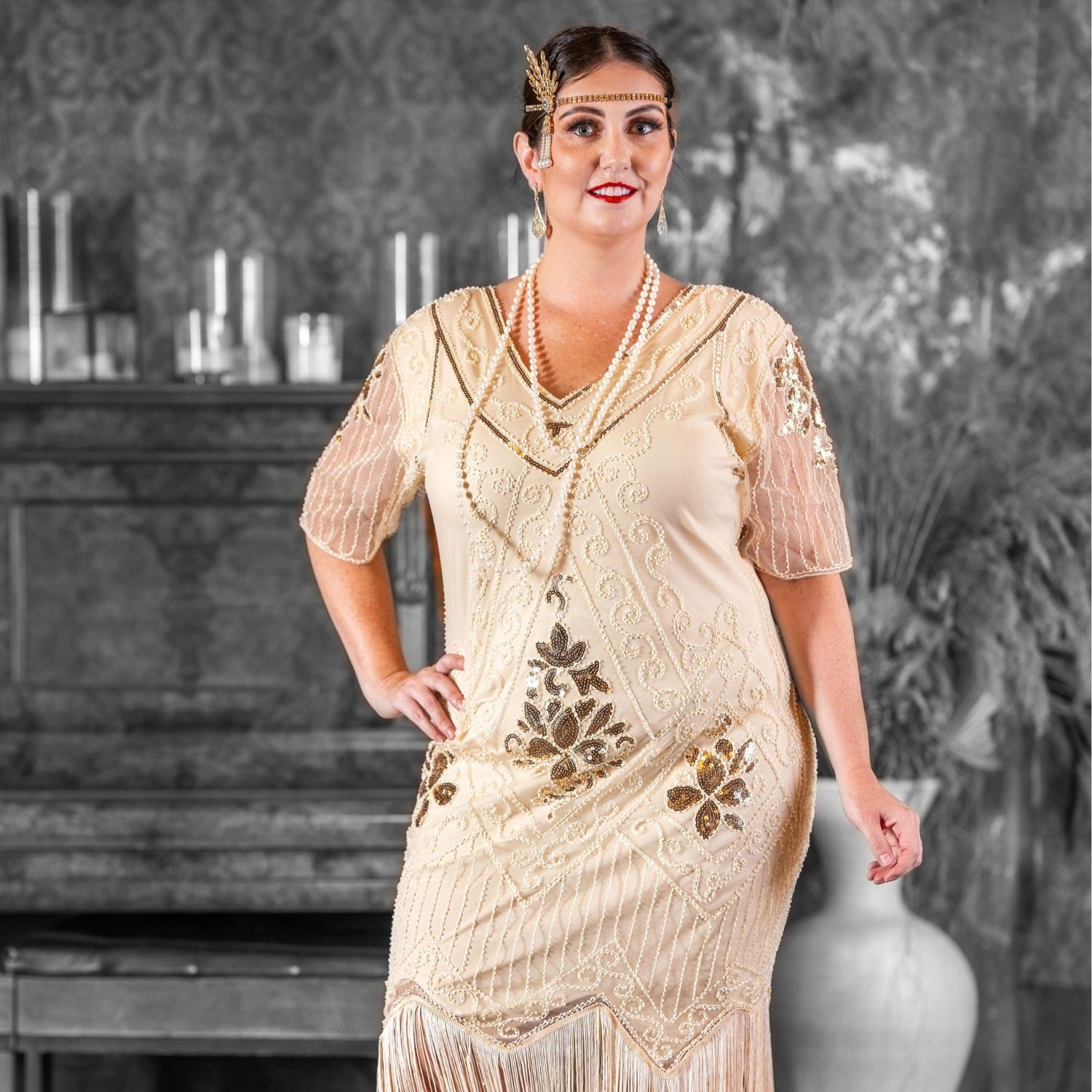 Plus Size Gatsby Dress in Cream Color with Beads and Sequins