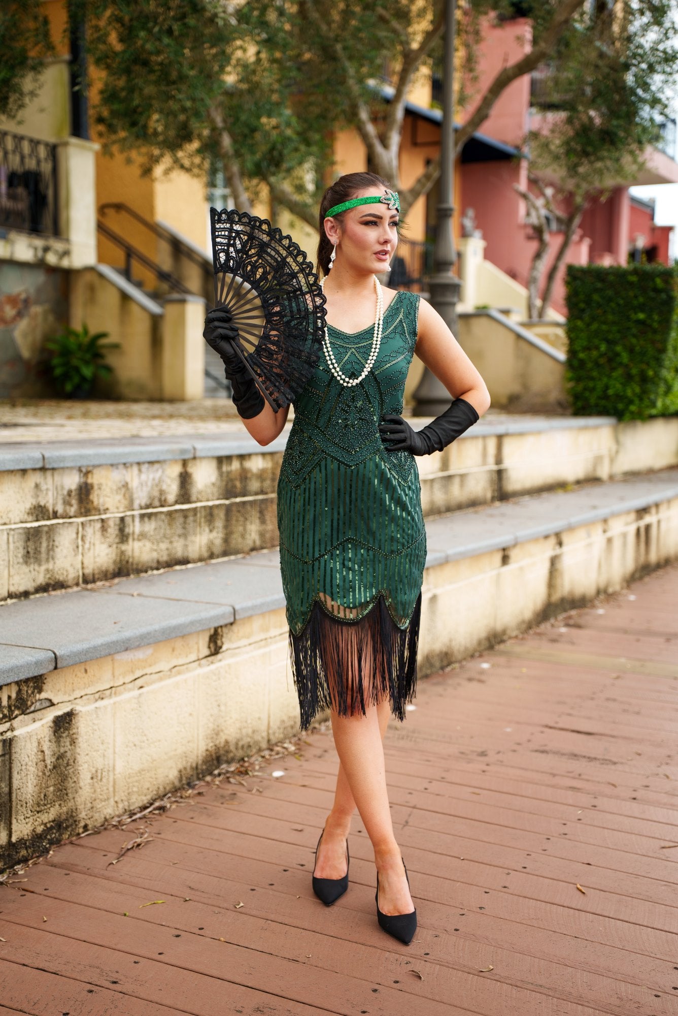 A stunning Green 1920s Flapper Dress with sequins, beads and fringes