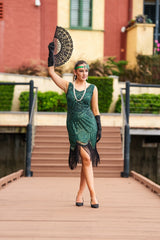 A stunning Green 1920s Flapper Dress with sequins, beads and fringes