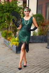 A stunning Green 1920s Flapper Dress with sequins, beads and fringes