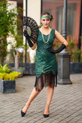 A stunning Green 1920s Flapper Dress with sequins, beads and fringes