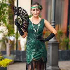 A stunning Green 1920s Flapper Dress with sequins, beads and fringes