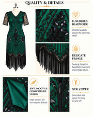 A dark green sequined and beaded fringe dress displayed on a mannequin, with four detail panels showing the luxurious beadwork, delicate fringe, soft smooth lining, and side zipper. The image is titled 'QUALITY & DETAILS' on a light beige background.