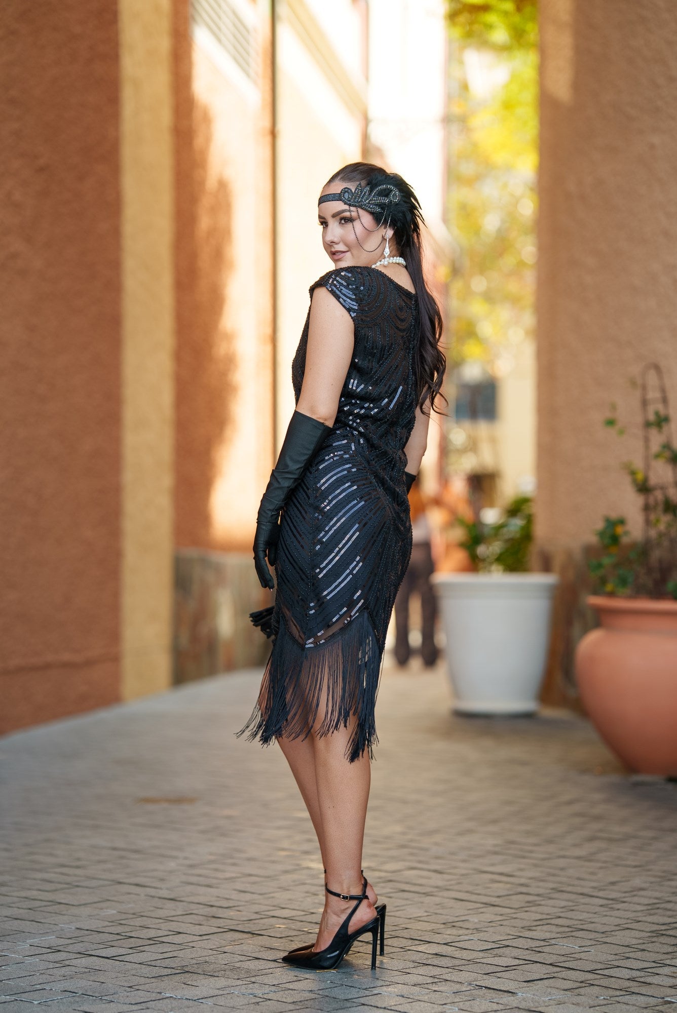 A black Roaring 1920s Flapper Dress