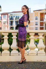 Side view of Purple 1920s Nicholette Gatsby Dress – beaded vintage fringe design for 1920s celebrations