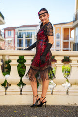 Side View 1920s Red Gatsby Dress with sequins, beads, sleeves and fringes. Perfect for Gatsby Parties