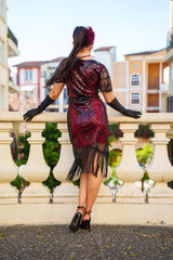 Back View 1920s Red Gatsby Dress with sequins, beads, sleeves and fringes. Perfect for Gatsby Parties