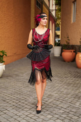 1920s Red and Black Stella Flapper Dress with beads and fringe – perfect for Gatsby or Roaring 20s parties
