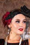 1920s Red Feather Headband with Rhinestone Gems 