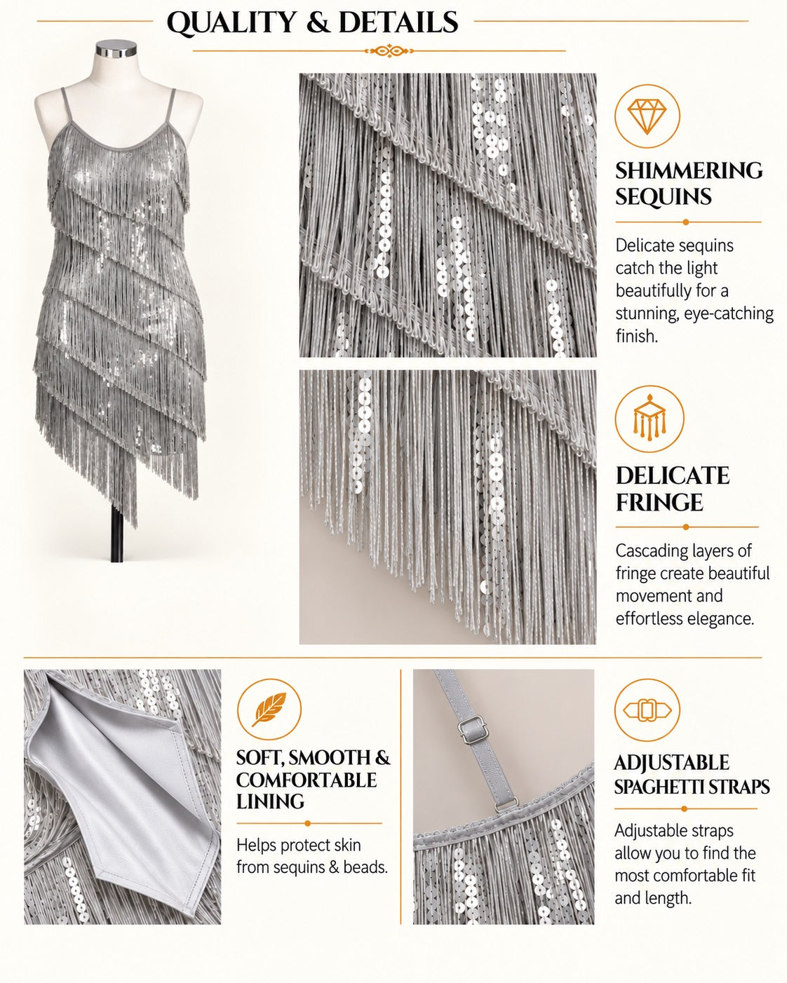 A product infographic for a silver sequined fringe dress, featuring a dress form display, close-up detail panels of the sequins and fringe, and text callouts describing shimmering sequins, delicate fringe, soft smooth lining, and adjustable spaghetti straps.