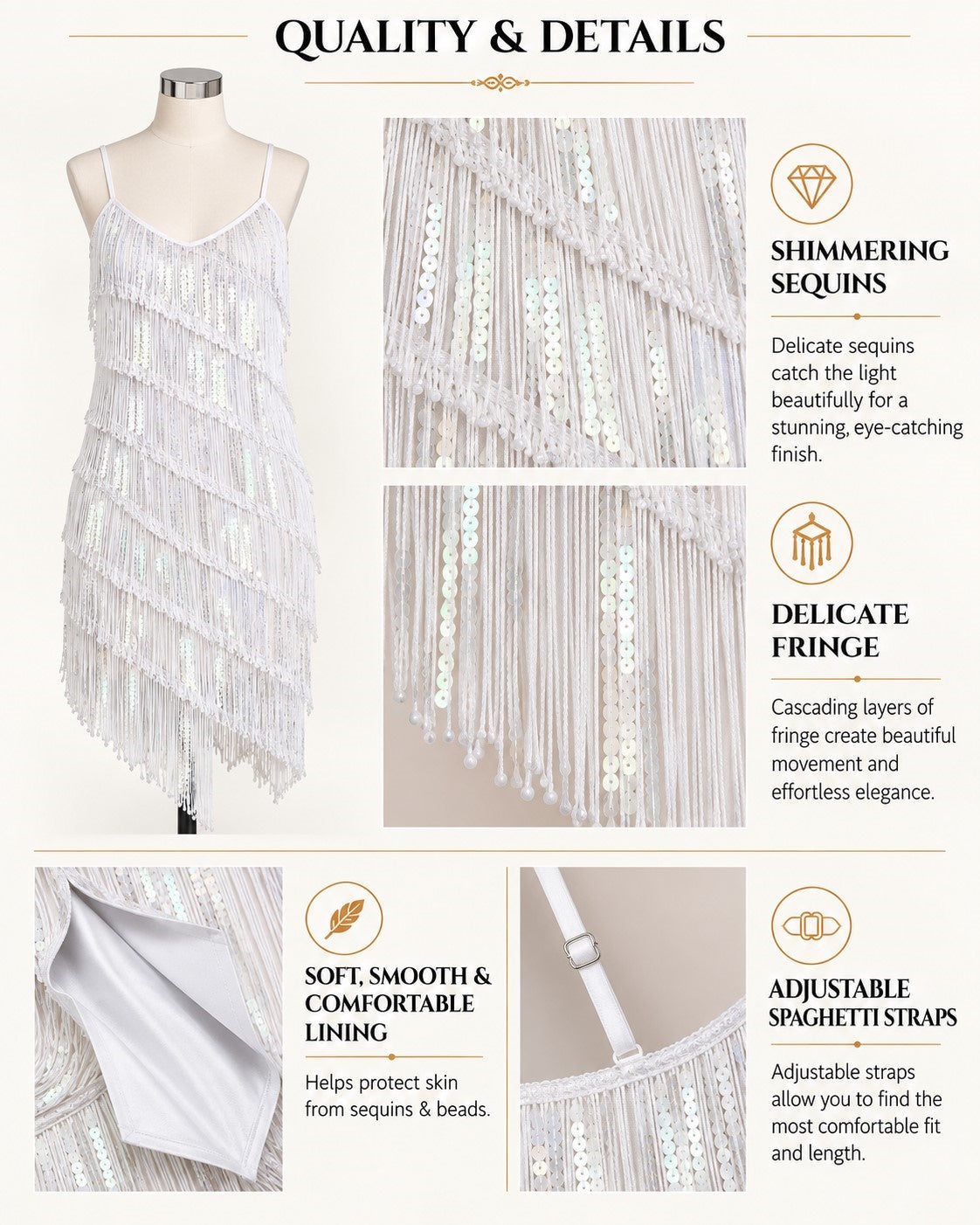 Infographics and details of 1920s Fringe Cocktail Dress in White