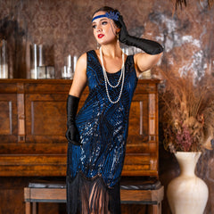 A shorter style modern 1920s flapper dress in navy blue