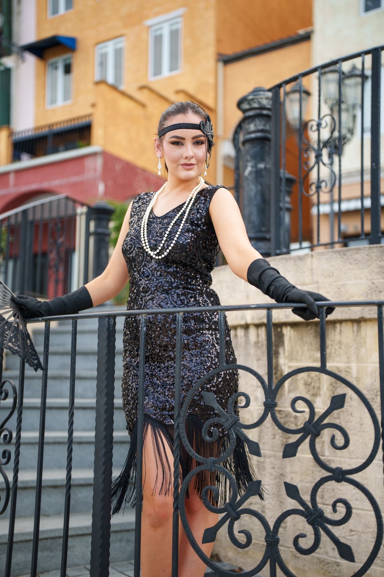 Close-up of beaded detail on 1920s Black Charlize Gatsby Dress – vintage sequins and Art Deco embellishments