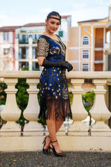 Roaring 1920s Gatsby Dress in Blue with Sleeves, Sequins, Beads and Fringe Detailing