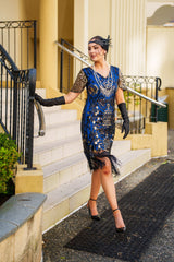 Roaring 1920s Gatsby Dress in Blue with Sleeves, Sequins, Beads and Fringe Detailing
