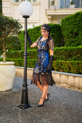 Roaring 1920s Gatsby Dress in Blue with Sleeves, Sequins, Beads and Fringe Detailing