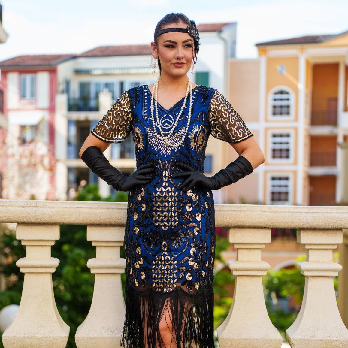 Roaring 1920s Gatsby Dress in Blue with Sleeves, Sequins, Beads and Fringe Detailing