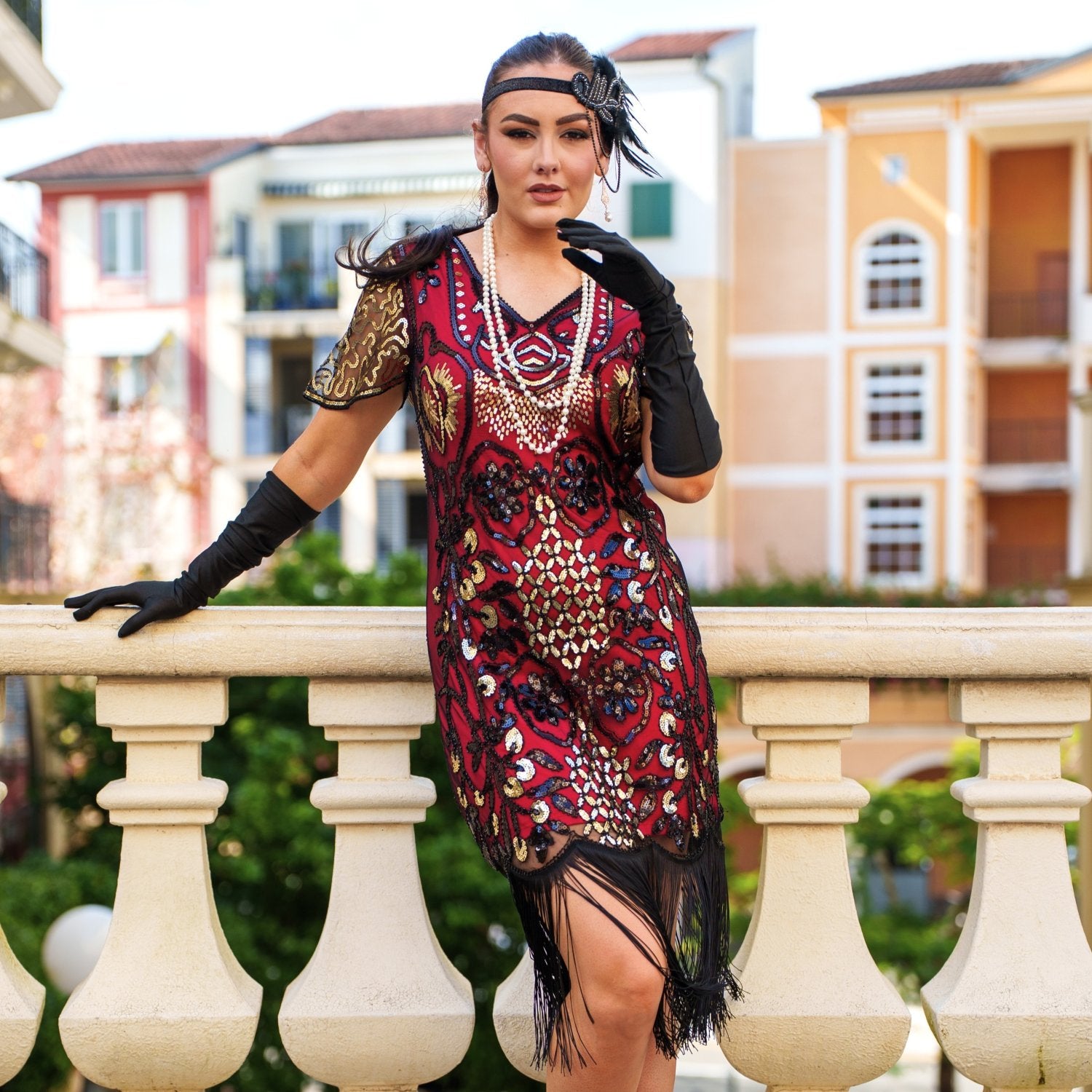 A Plus Size 1920s Gatsby Dress with Sleeves, Sequins , Beads and Fringes