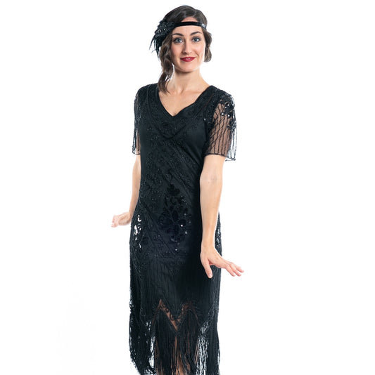 A Plus Size Black Gatsby Dress with sleeves, sequins and beads