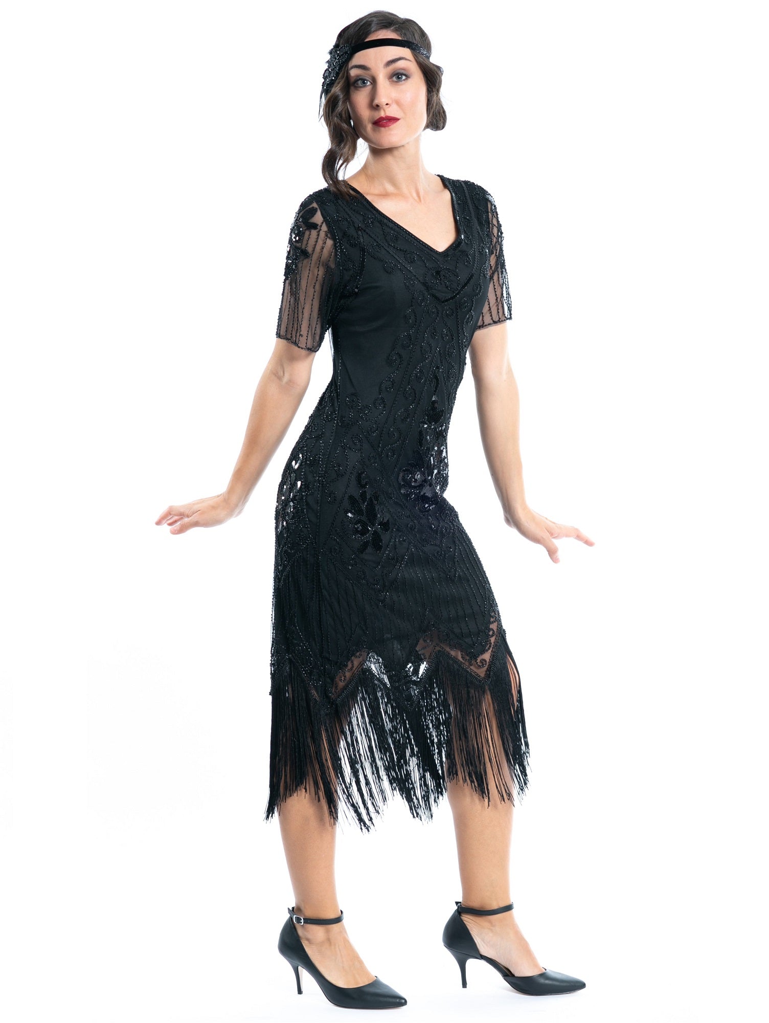 A Plus Size Black Gatsby Dress with sleeves, sequins and beads