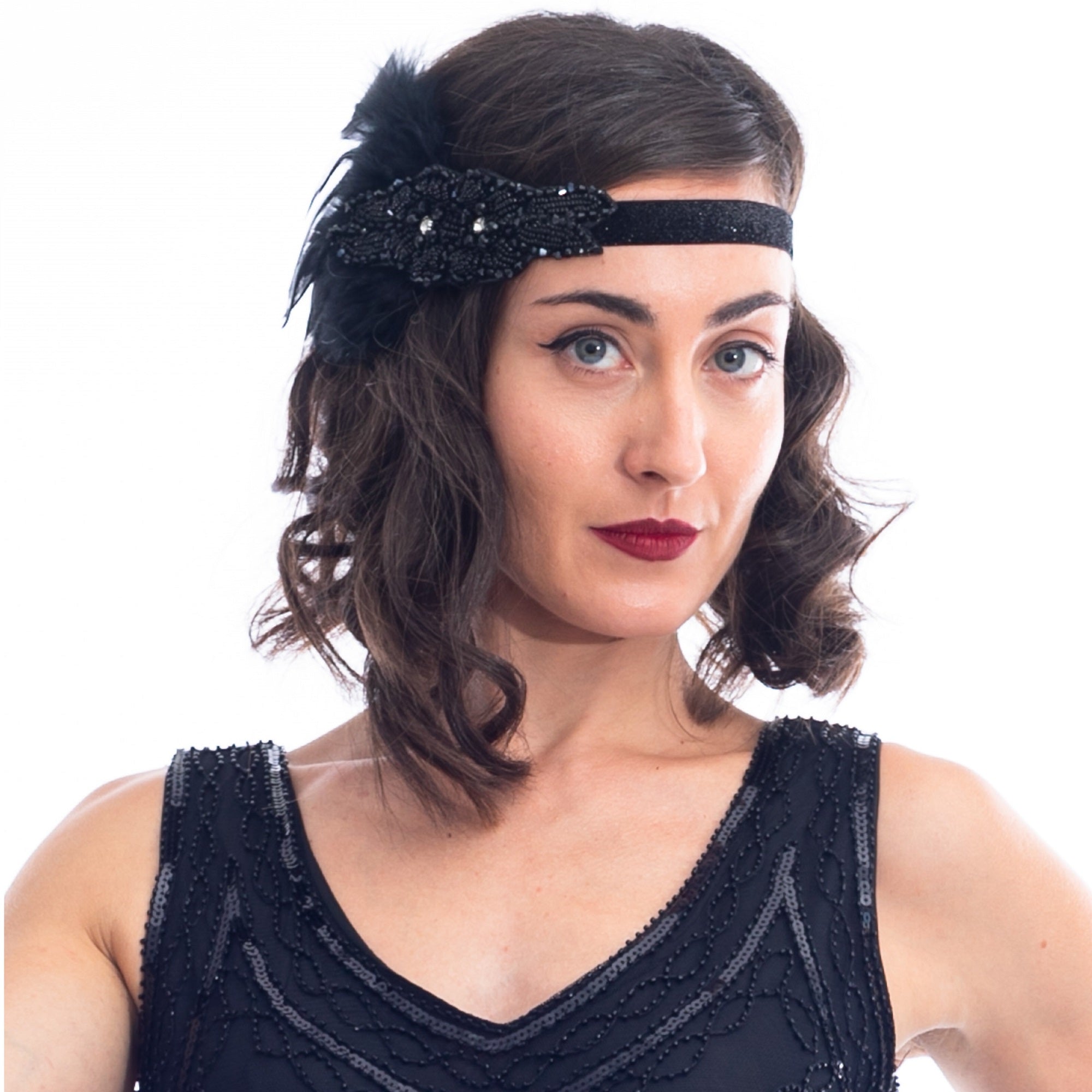 1920s Black Beaded Rhinestone & Feather Headband