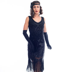 1920s Black Beaded Stella Flapper Dress Sequins and Fringes