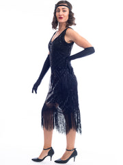 1920s Black Beaded Stella Flapper Dress Sequins and Fringes