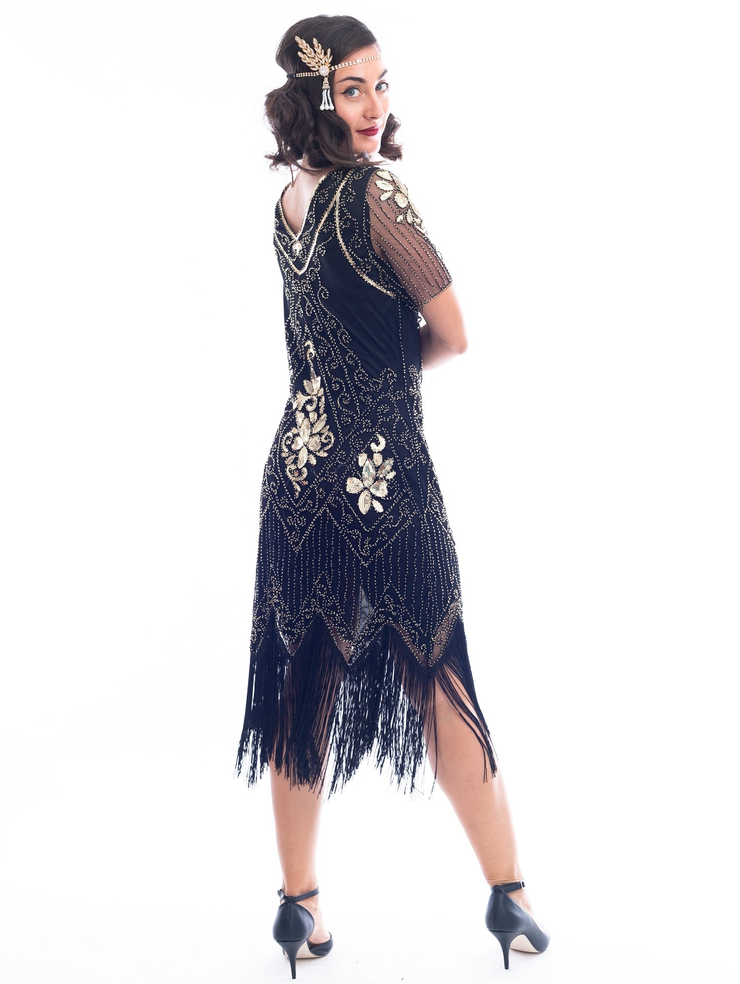 1920s Black & Gold Evelyn Flapper Dress with beads and sequins