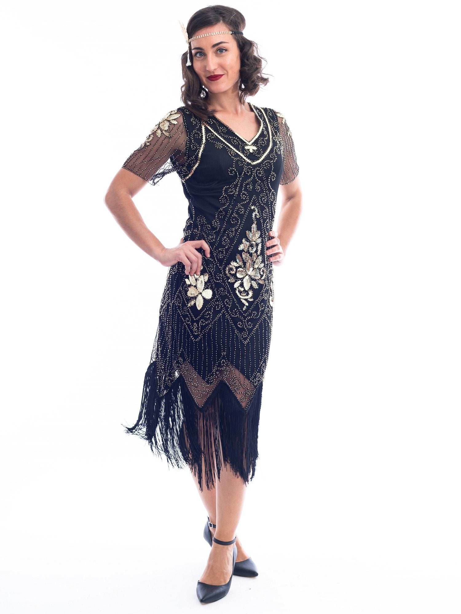 A Black Plus Size Gatsby Dress with gold sequins, beads and sleeves