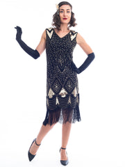 A black and gold sleeveless 1920's Flapper Dress with sequins and beads