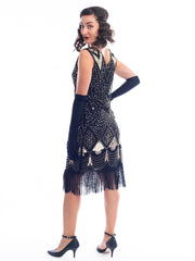 A black and gold sleeveless 1920's Flapper Dress with sequins and beads