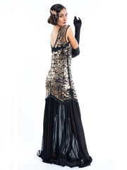 A long black flapper dress gold sequins and beads
