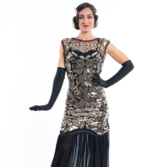 A long black flapper dress gold sequins and beads