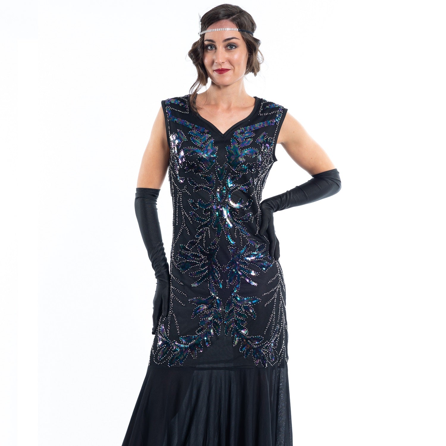 Long Black Gatsby Dress with sequins and beads